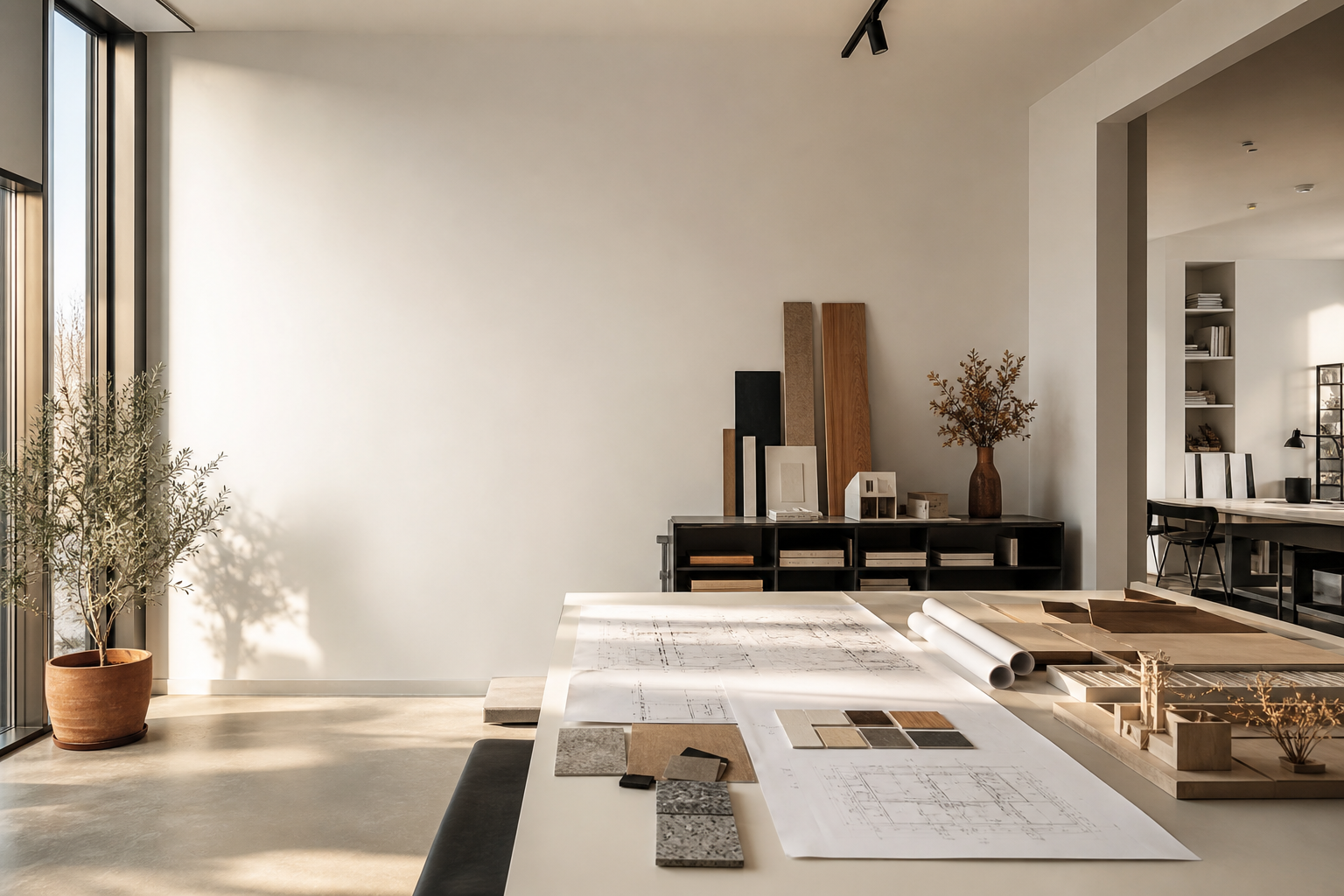 Arhitektonski studio s planovima i materijalima na radnom stolu